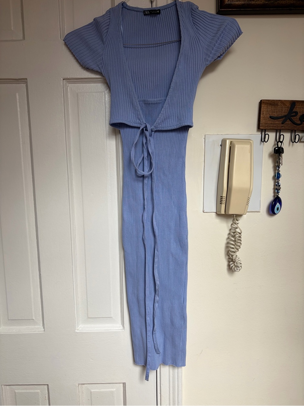 Zara Periwinkle Blue Ribbed Tie-Front Maxi Dress
